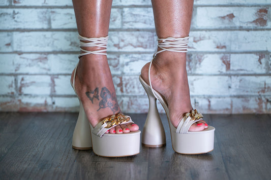 RAVEN | BEIGE LACE UP CYLINDER PLATFORM SANDAL HEEL