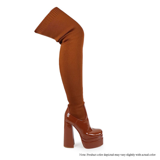 MITZY | COGNAC/BROWN DOUBLE PLATFORM KNITTED THIGH HIGH BOOT HEEL